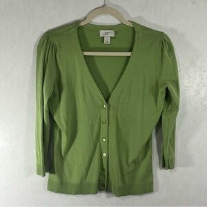 LOFT Green V-Neck Button Front Cardigan